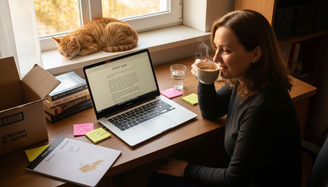 Жена, потънала в работа, си отпива от чаша полезно кафе на бюрото.