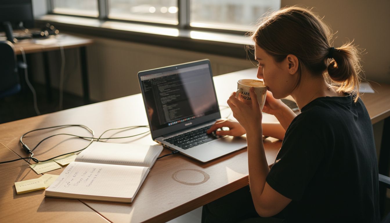 Жена, съсредоточена върху работата си на бюрото, с чаша кафе до себе си.