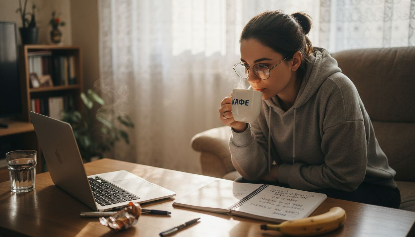 Жена работи от вкъщи, докато се наслаждава на чаша ароматно кафе.