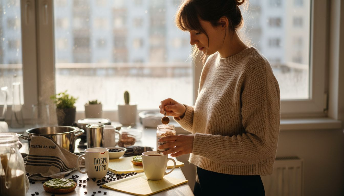 Жена си приготвя кафето в кухнята и добавя кордицепс за допълнителен тонус.