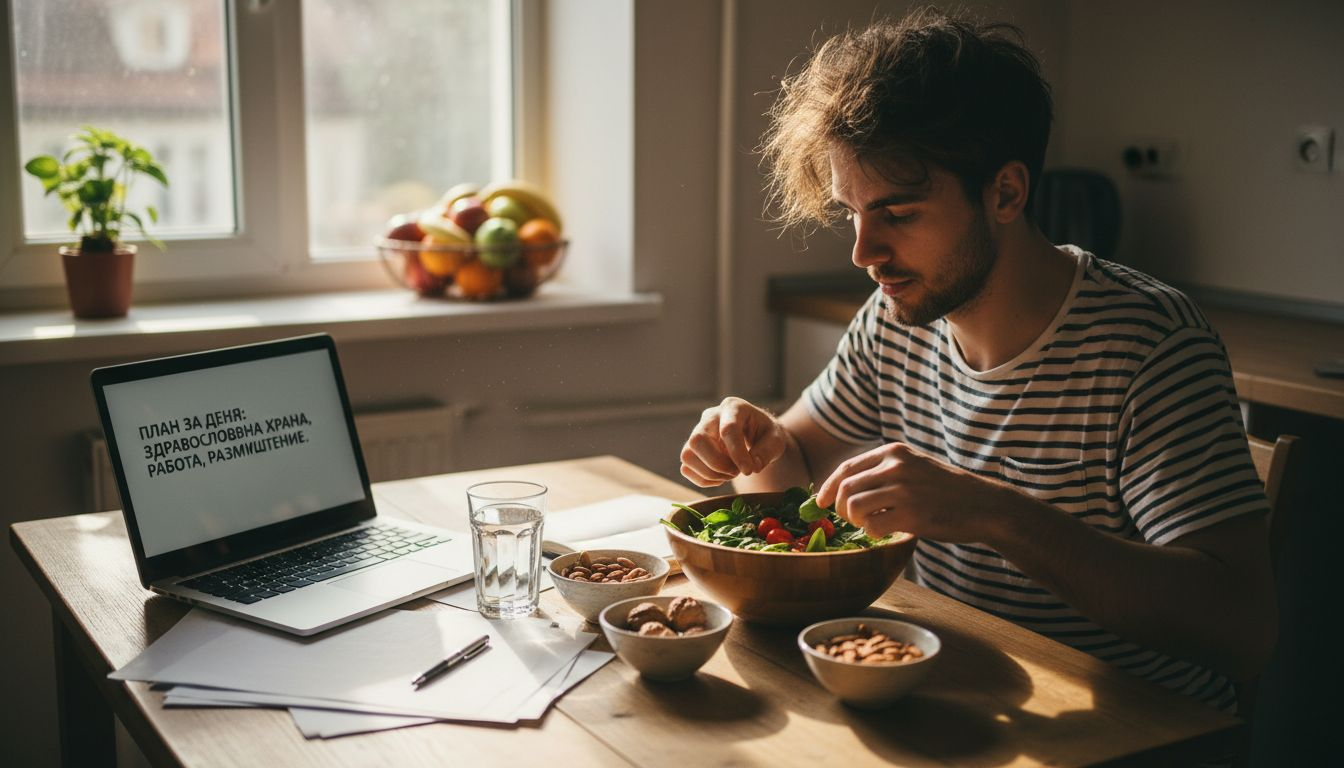 Мъж си приготвя здравословна салата, за да се съсредоточи по-лесно.