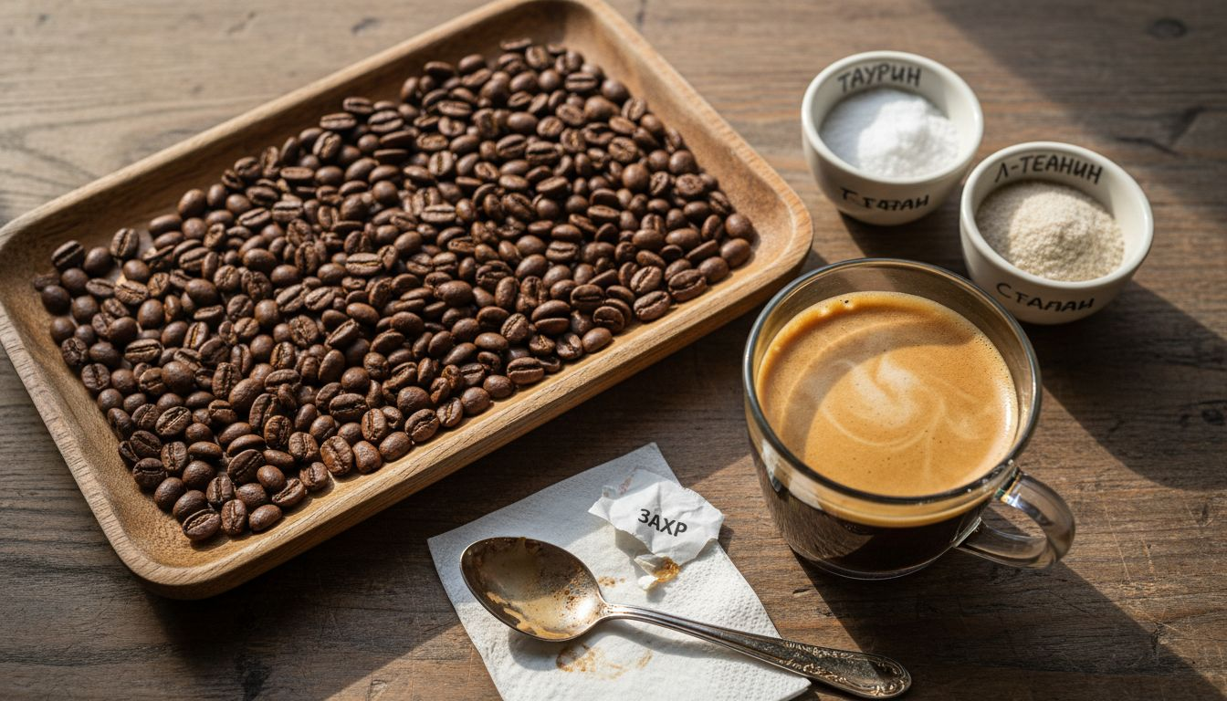 Табла с различни съставки за кафе – прахообразни добавки и чаша, готова за приготвяне на любимата напитка.