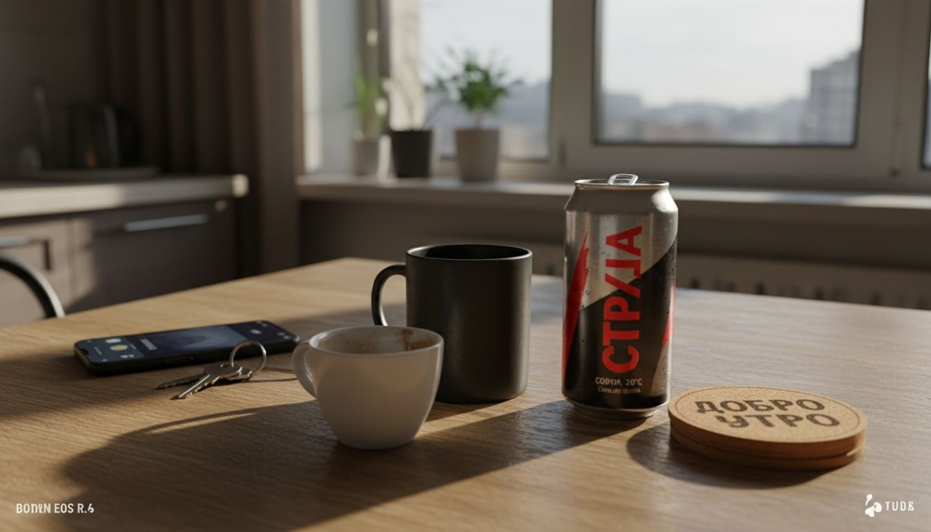 На кухненската маса са наредени различни напитки с кофеин – кафе, чай, енергийни напитки и газирани безалкохолни, готови да ни заредят с енергия за деня.