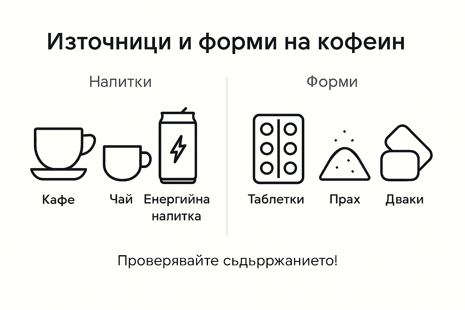 Инфографика, която показва различните форми на кофеин и откъде го получаваме