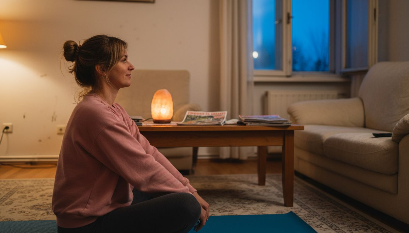 Жена се разтяга вечер като част от своята рутина за релакс.