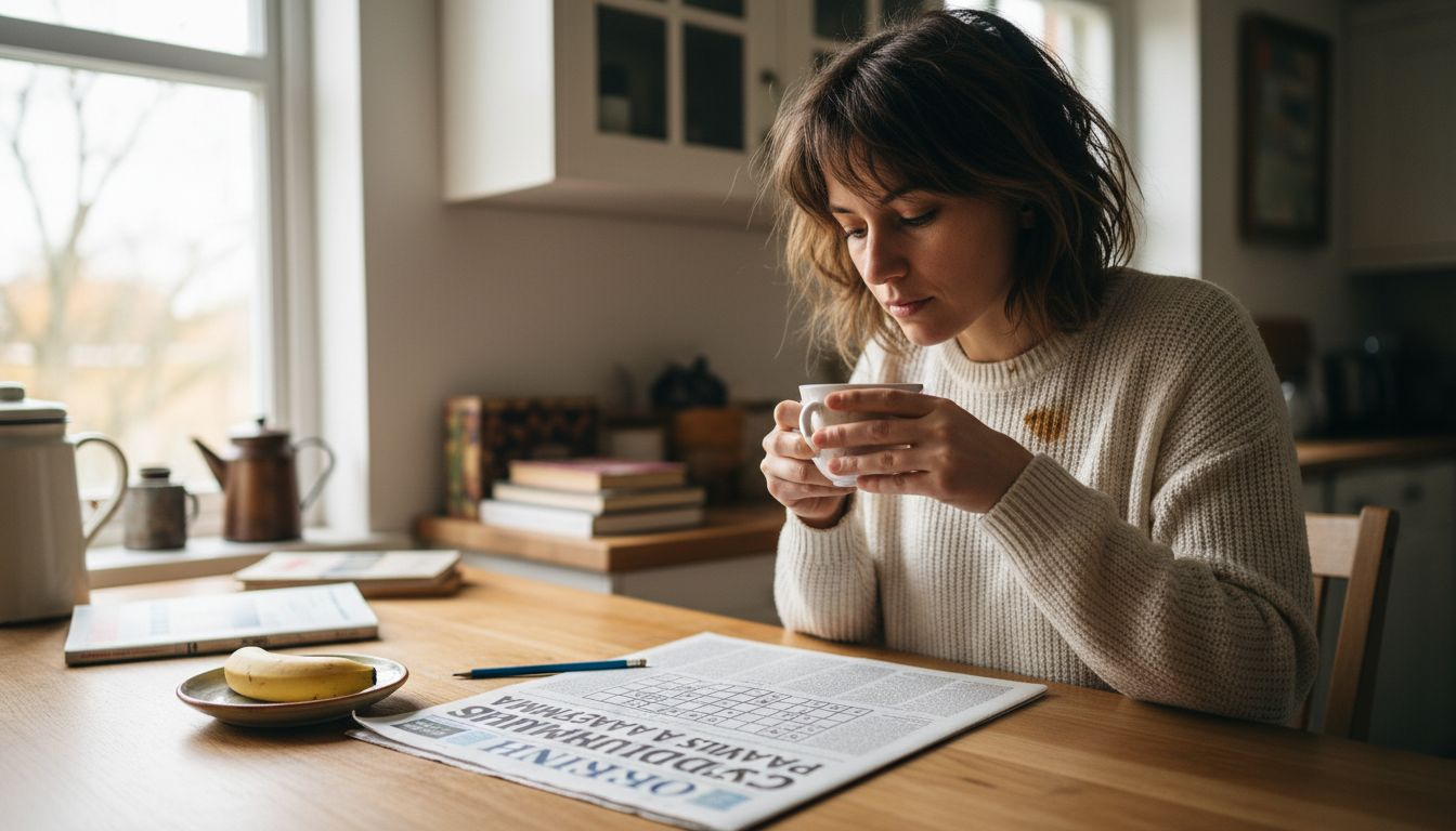 Сутрин, с чаша ароматно кафе в ръка, една жена спокойно разгадава числата в судокуто си.