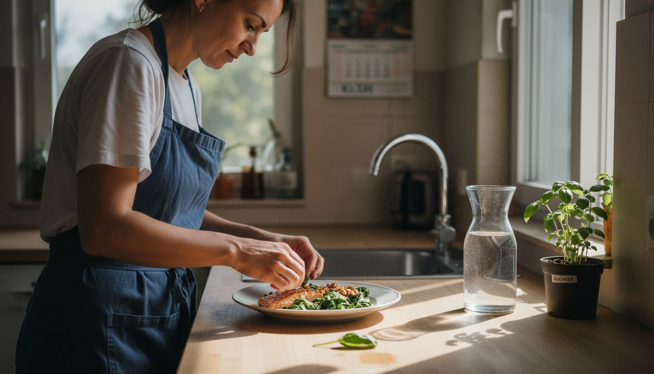 Жена аранжира чиния с храни, които подпомагат работата на мозъка и са полезни за здравето.