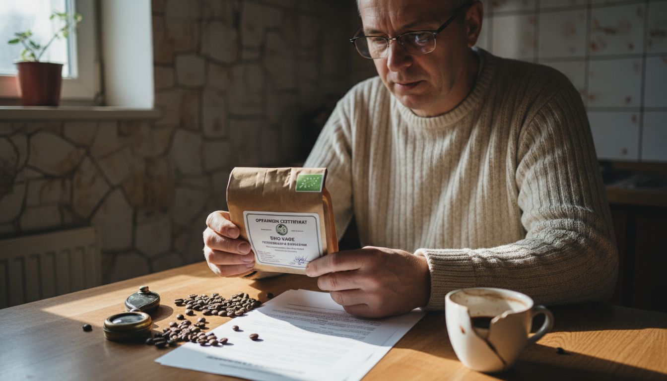 Мъж разглежда удостоверението за произход на био кафе
