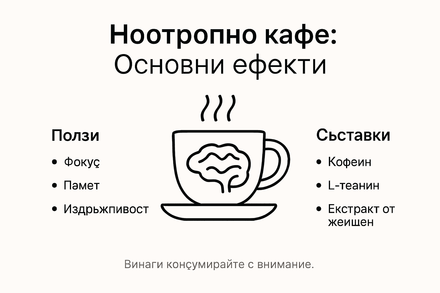 Визуално представяне на ползите и съставките на ноотропното кафе