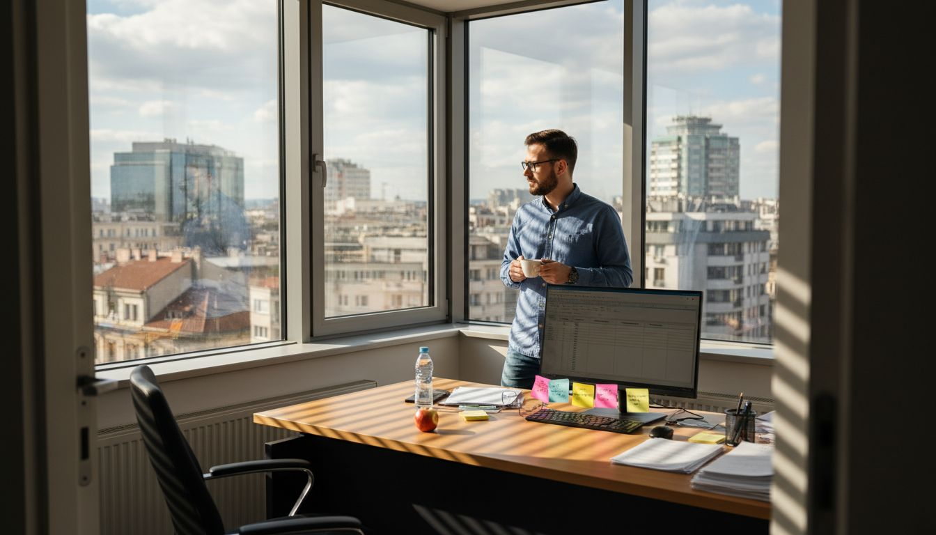 Служител в офиса си отпочива с чаша кафе по време на кратката си почивка в центъра на града.