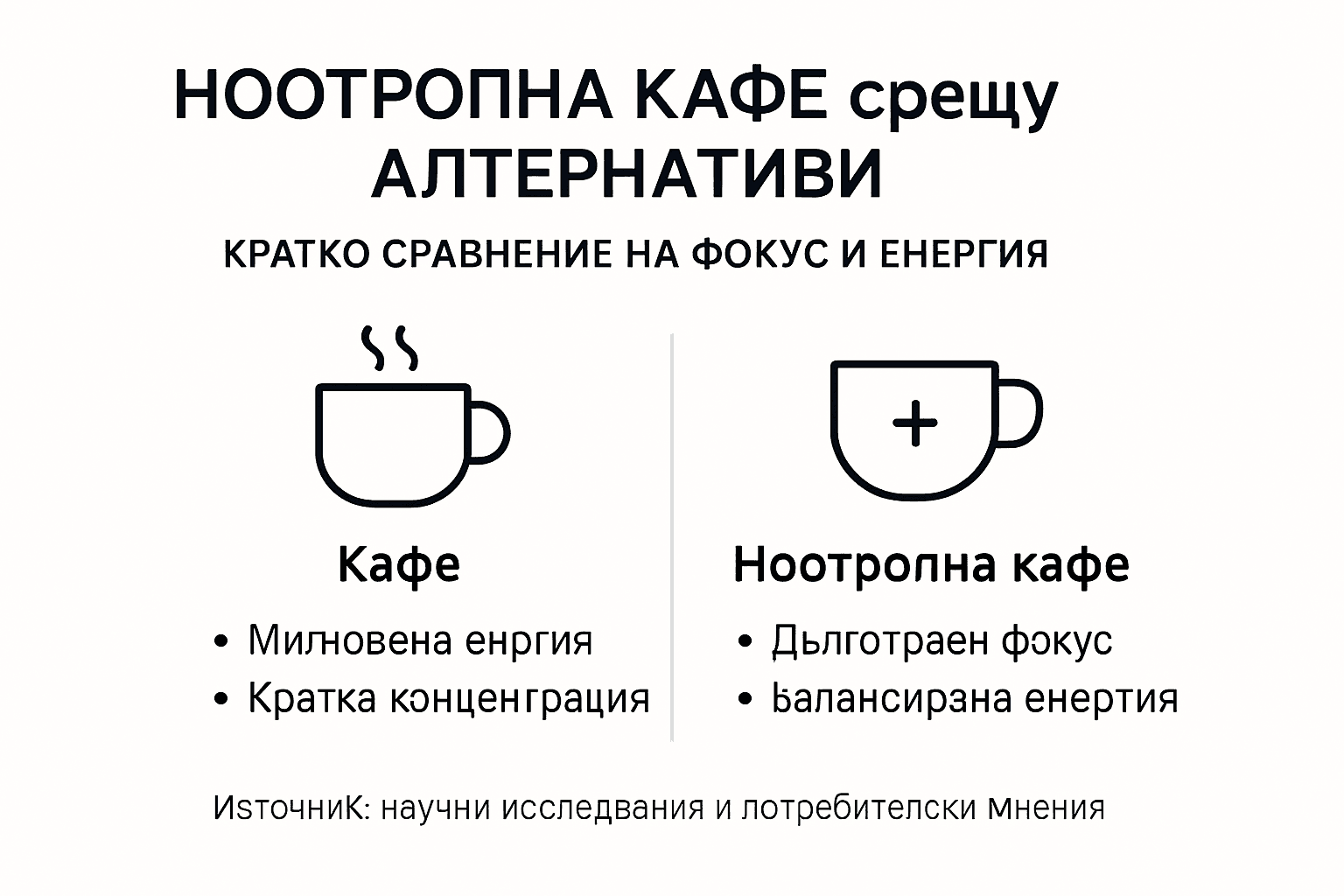 Интересна инфографика, която показва как ноотропното кафе се съпоставя с други популярни алтернативи