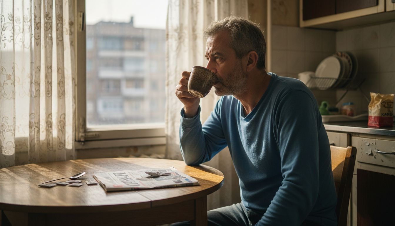 Мъж се наслаждава на чаша неутрално кафе у дома, потънал в уютната атмосфера на собственото си жилище.