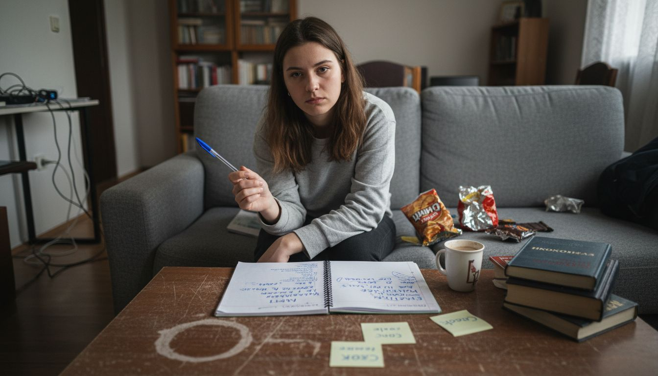 Разсеян ученик, заобиколен от хаос на бюрото си и неподредени учебници.