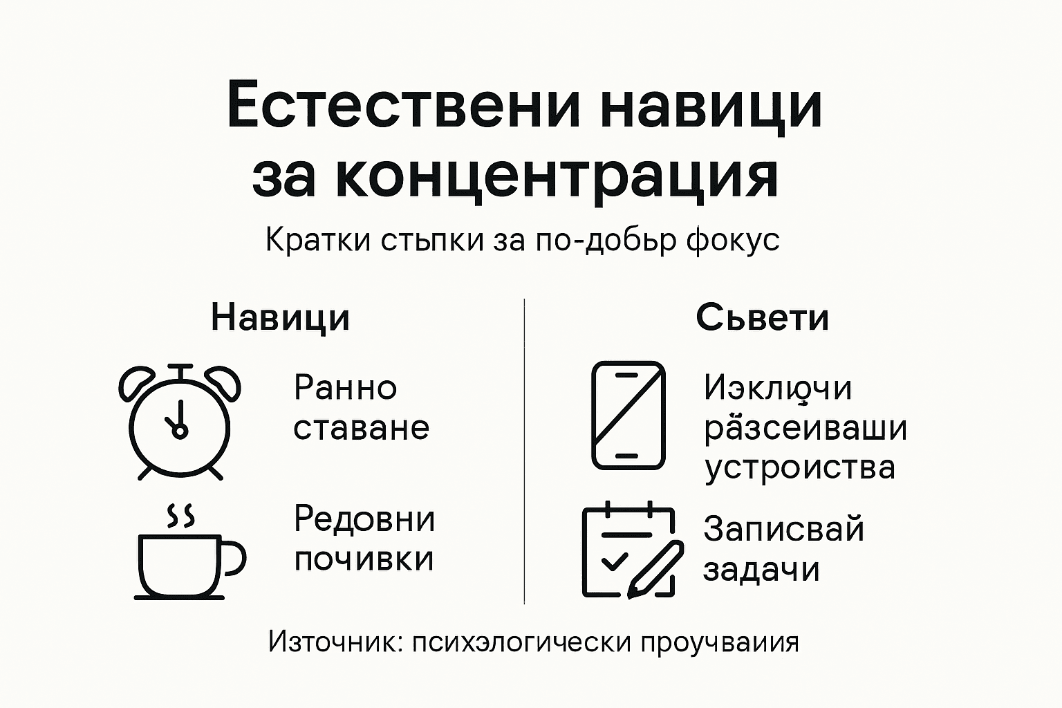 Инфографика с полезни навици за по-добра концентрация