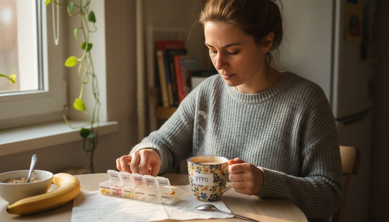 Жена подготвя витамините си, докато си прави сутрешното кафе.