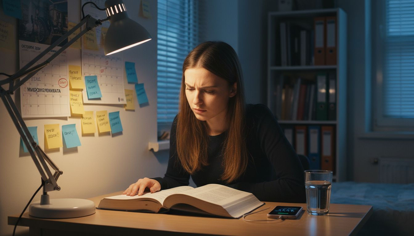 Ein Student liest an einem Schreibtisch, der mit Lehrbüchern und Notizen übersät ist und von einer hellen Lampe beleuchtet wird.
