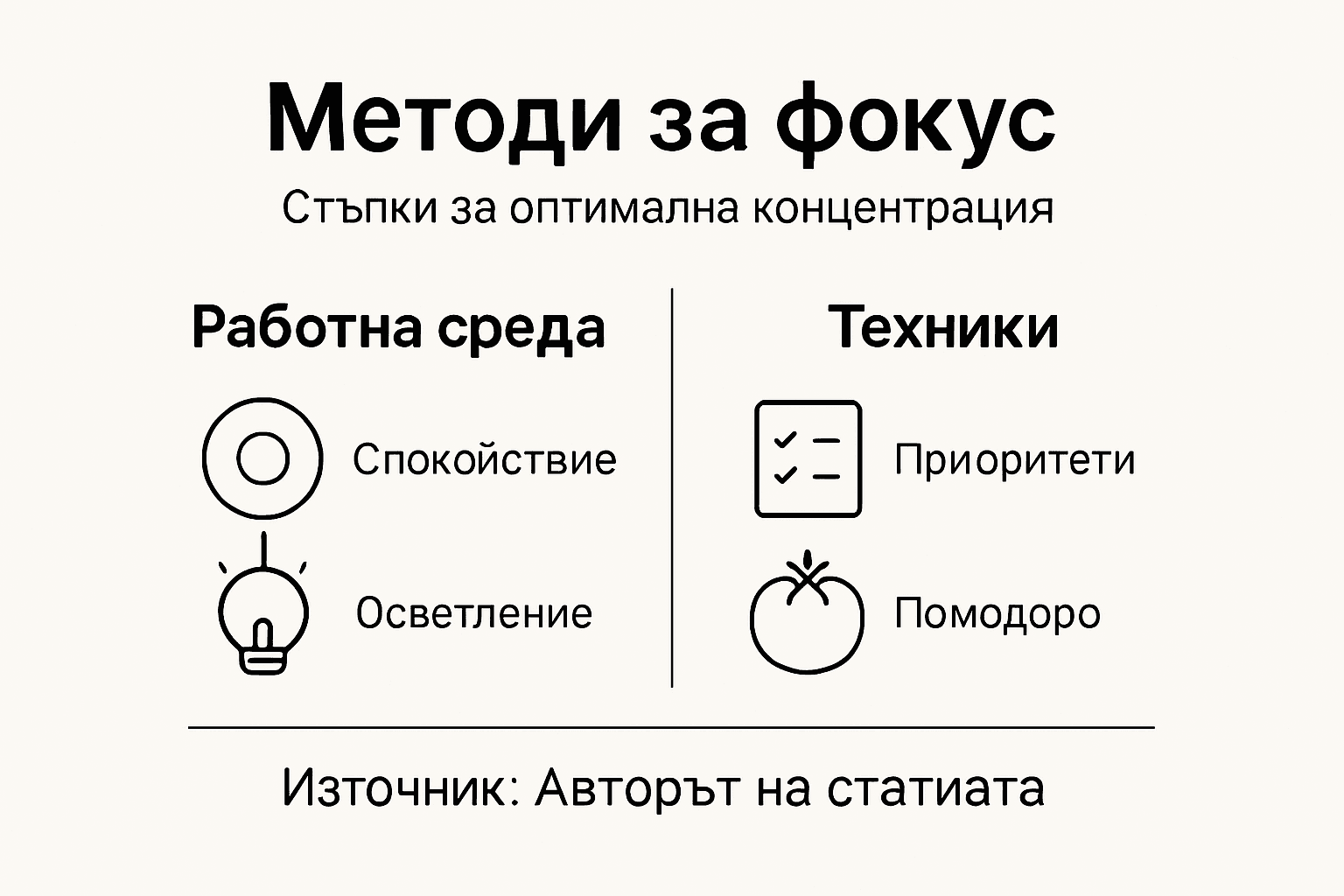 Инфографика с техники и стъпки за постигане на концентрация
