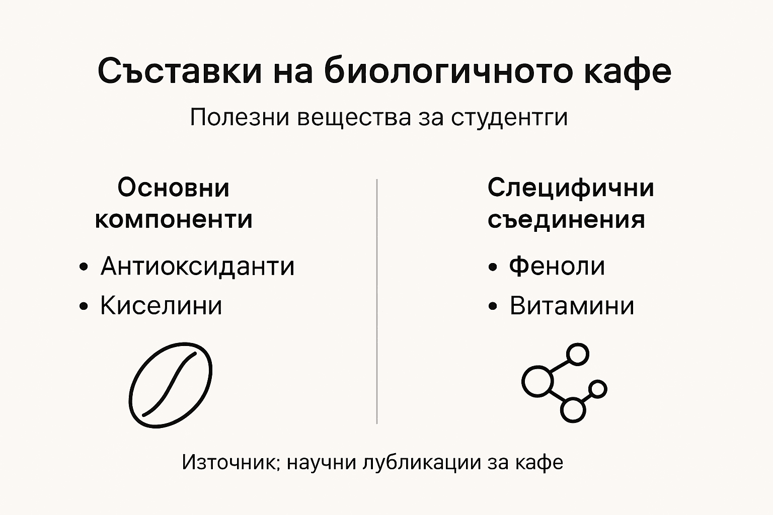 Инфографика, която представя основните съставки на био кафето