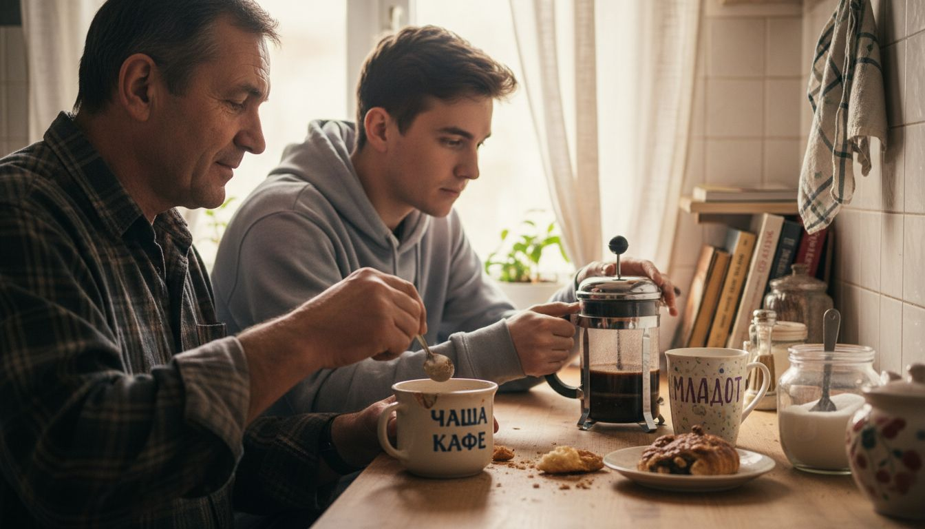 Two people making coffee in home kitchen