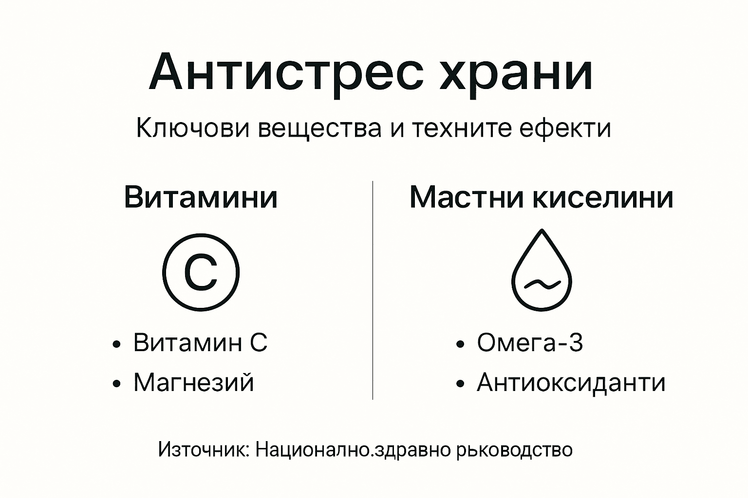 Инфографика с най-важните хранителни вещества срещу стреса