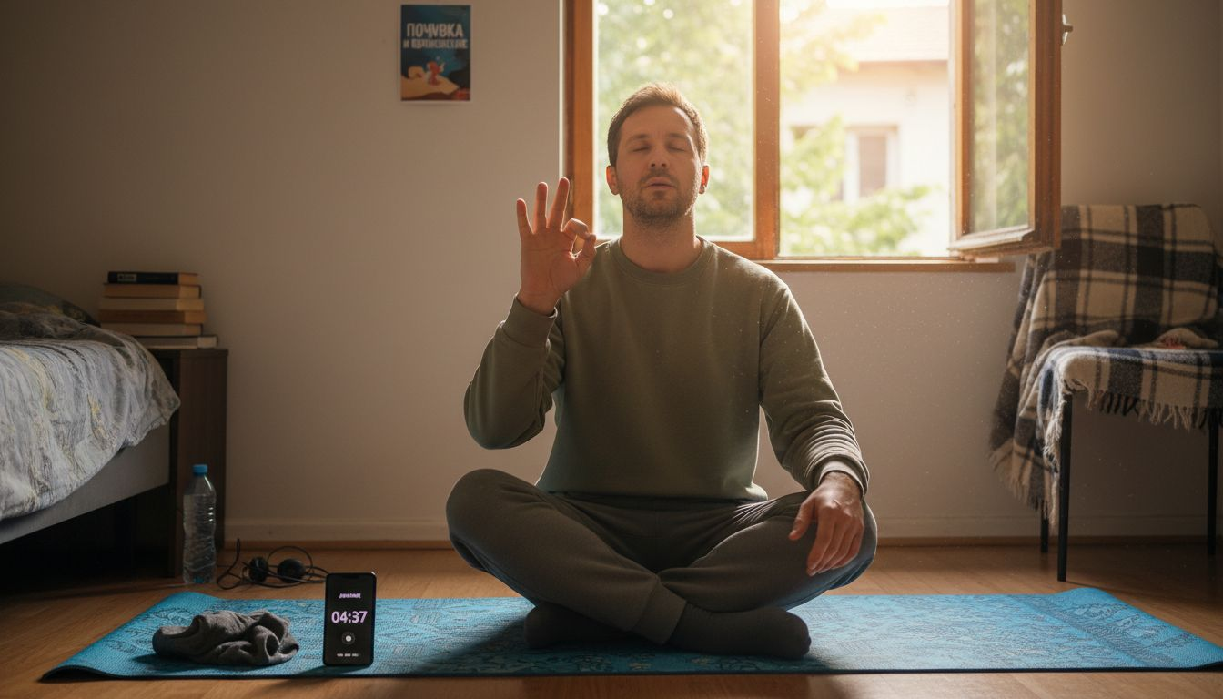 Мъж показва техники за дълбоко дишане върху постелка за йога.