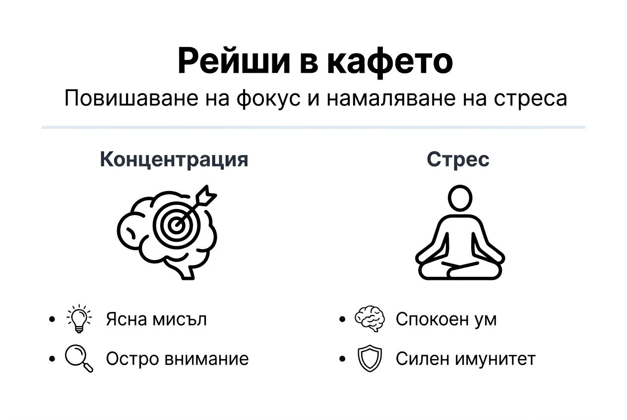 Инфографика, която представя ползите от рейши гъба, когато е добавена към кафето