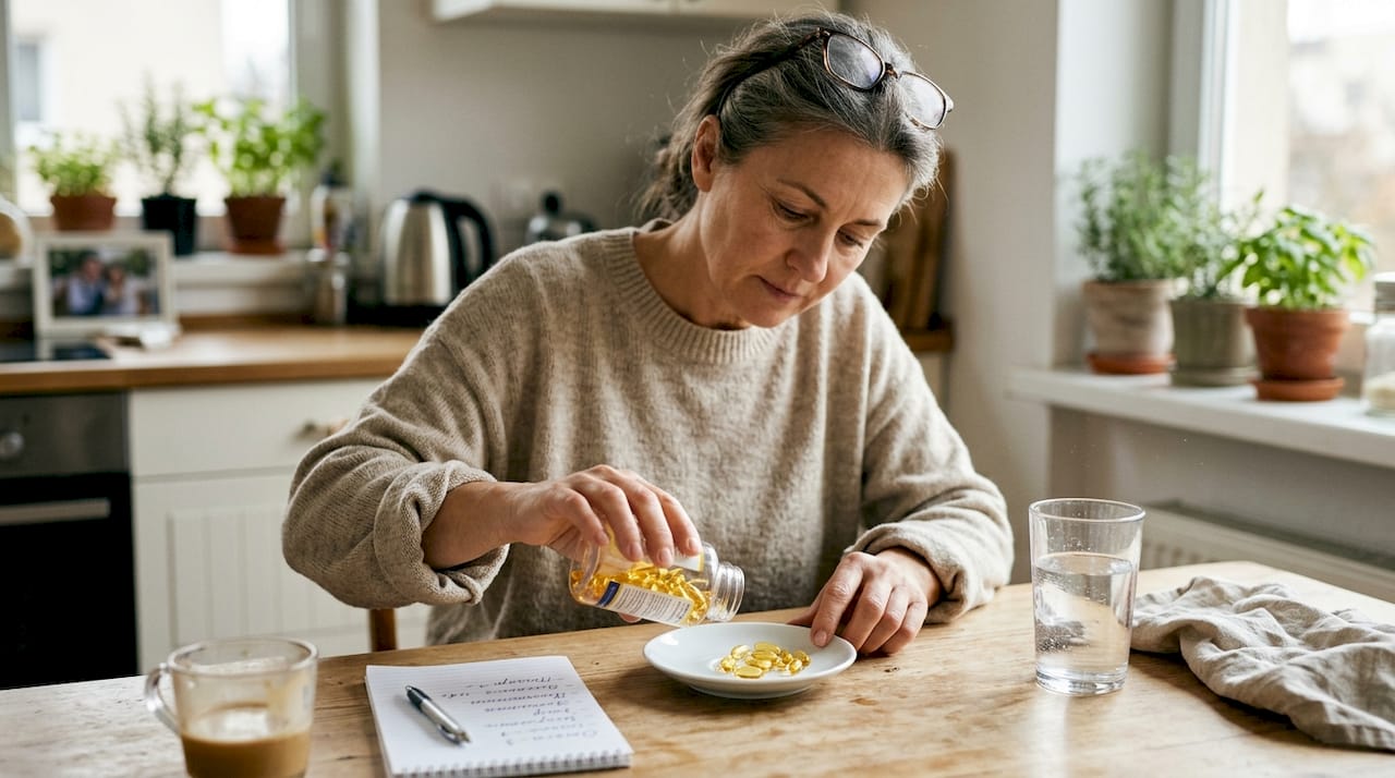 Жена приготвя омега-3 капсули в домашната си кухня.