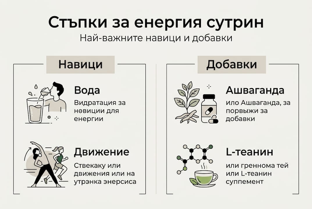 Инфографика с полезни сутрешни навици и препоръчани добавки за старт на деня