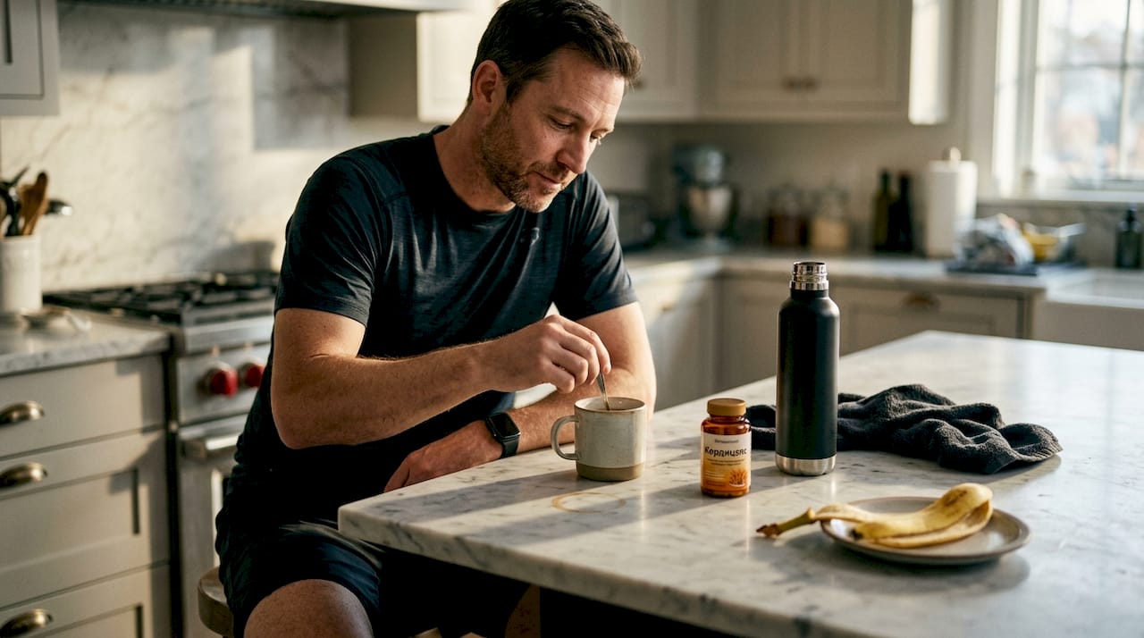 След тренировка мъжът добавя кордицепс към кафето си.