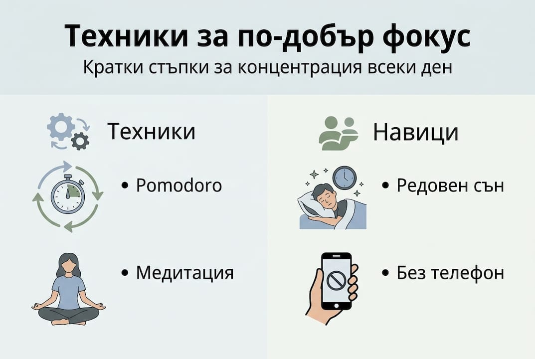 Инфографика с полезни съвети и изпитани навици за по-добра концентрация