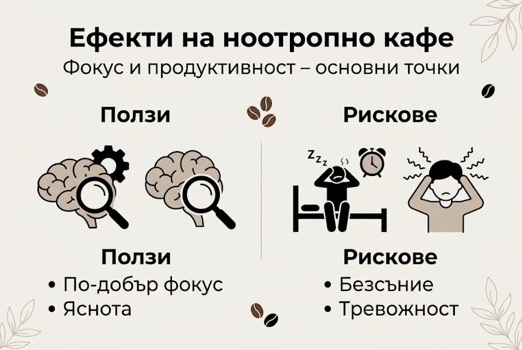 Инфографика: Ползи и рискове при консумация на ноотропно кафе