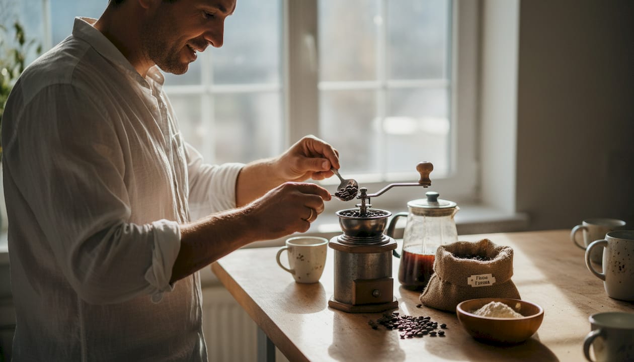 Мъж приготвя у дома прясно смляно био кафе с добавки по свой вкус.