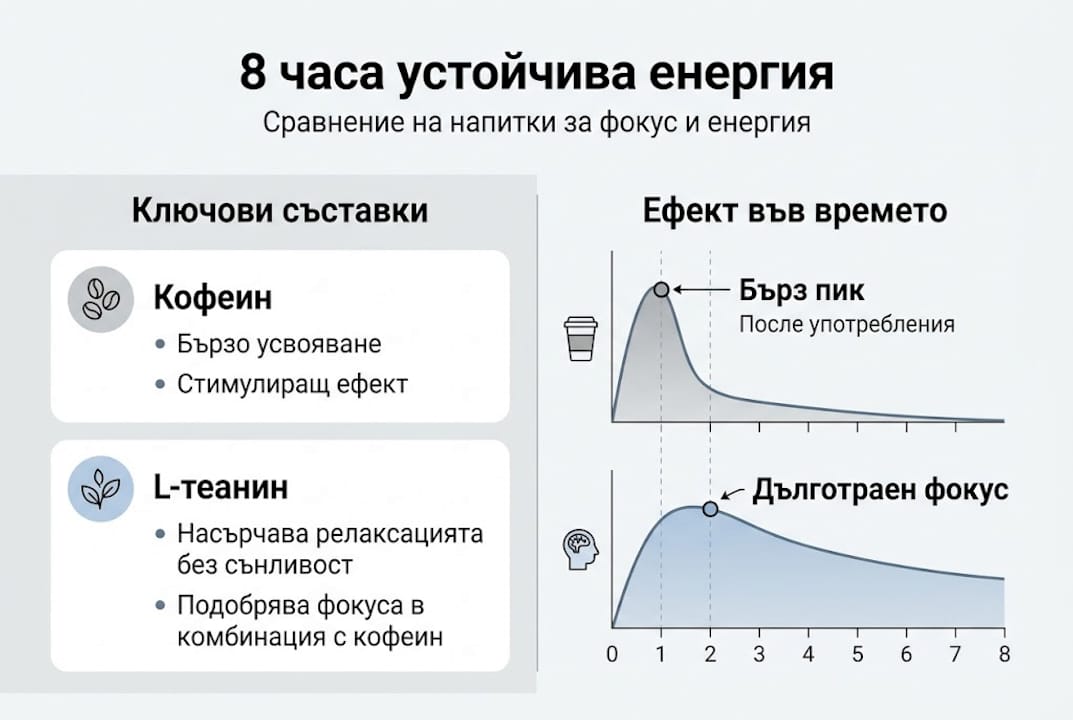 Сравнителна инфографика на най-популярните напитки за концентрация