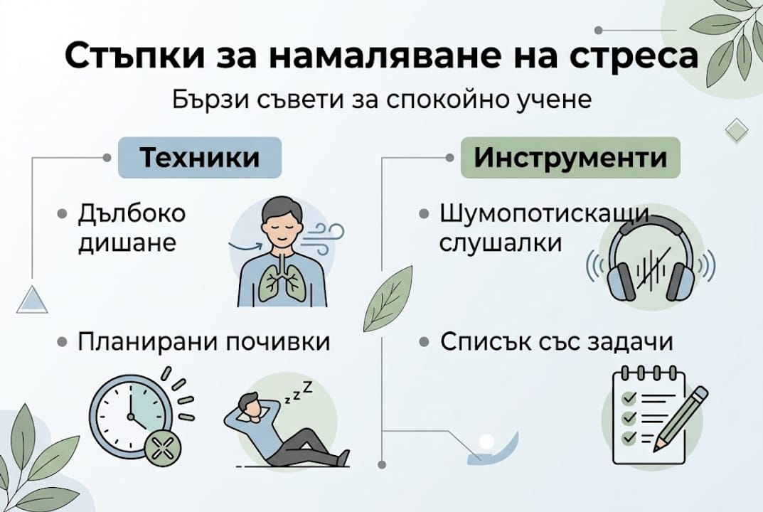 Инфографика с лесни стъпки за справяне със стреса