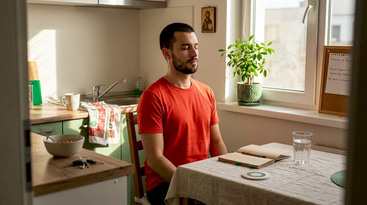Сутрин в кухнята един мъж се отдава на моменти на спокойствие и съзнателност, наслаждавайки се на тишината и аромата на прясно кафе.