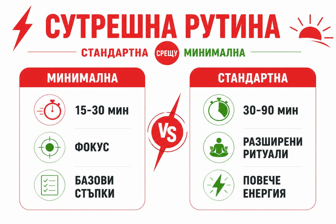 Инфографика, която показва разликите между типичната сутрешна рутина и най-опростения вариант за започване на деня