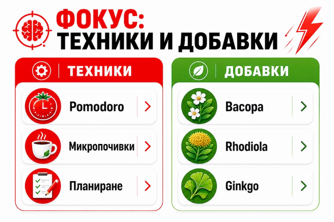Инфографика: Сравнение на различни методи за подобряване на концентрацията и хранителни добавки за фокус