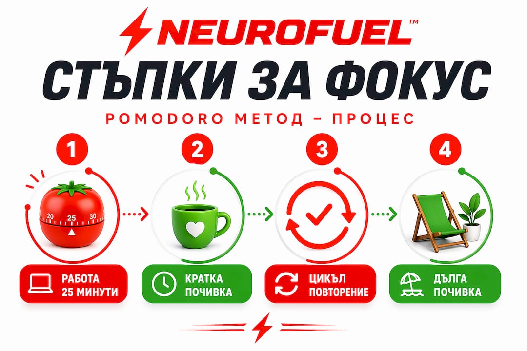 Илюстрация, която показва стъпките и процеса на работа по метода Помодоро
