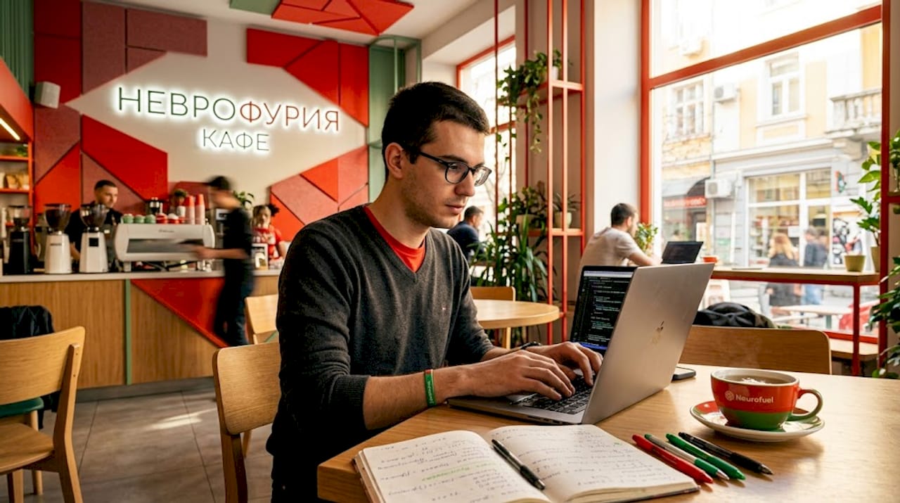 Студент приготвя кафе и добавя различни добавки върху бюрото си.