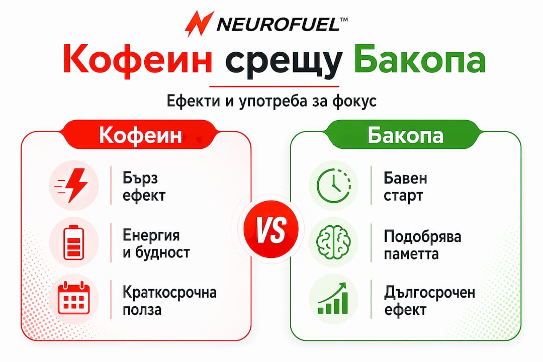 Визуално сравнение между кофеина и бакопа – кой помага повече за концентрация?