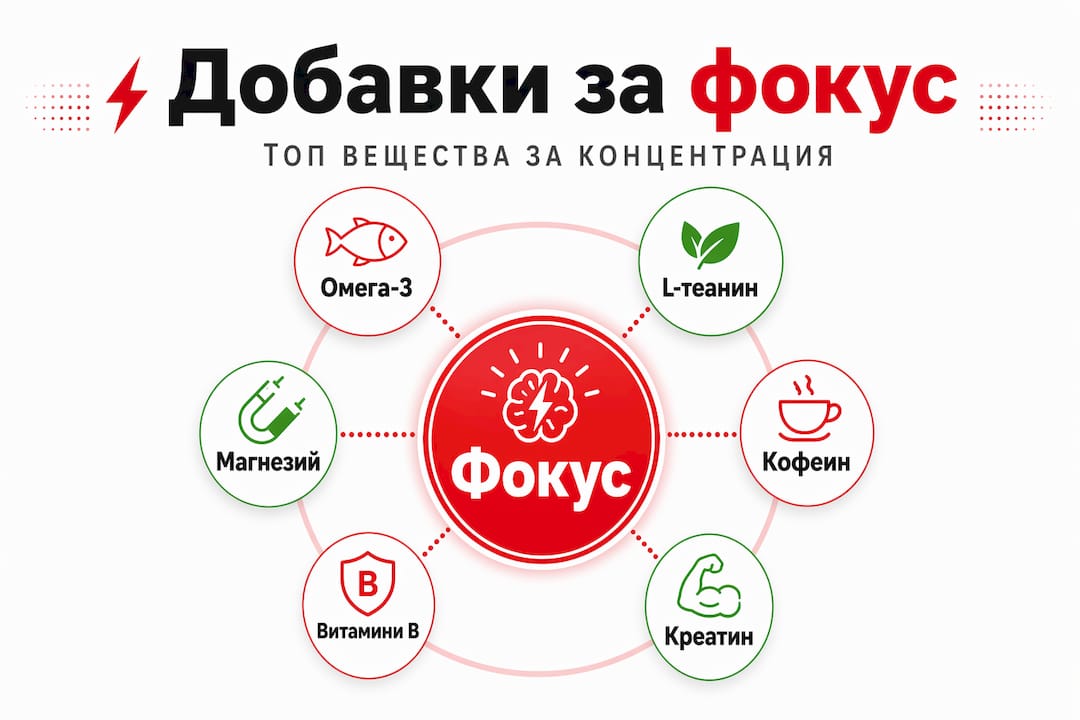 Инфографика с най-популярните хранителни добавки за концентрация и умствена яснота