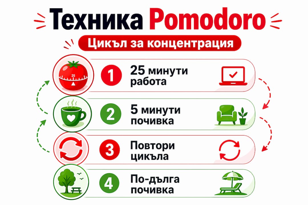 Инфографика представя лесните стъпки на Pomodoro метода за по-добра концентрация.