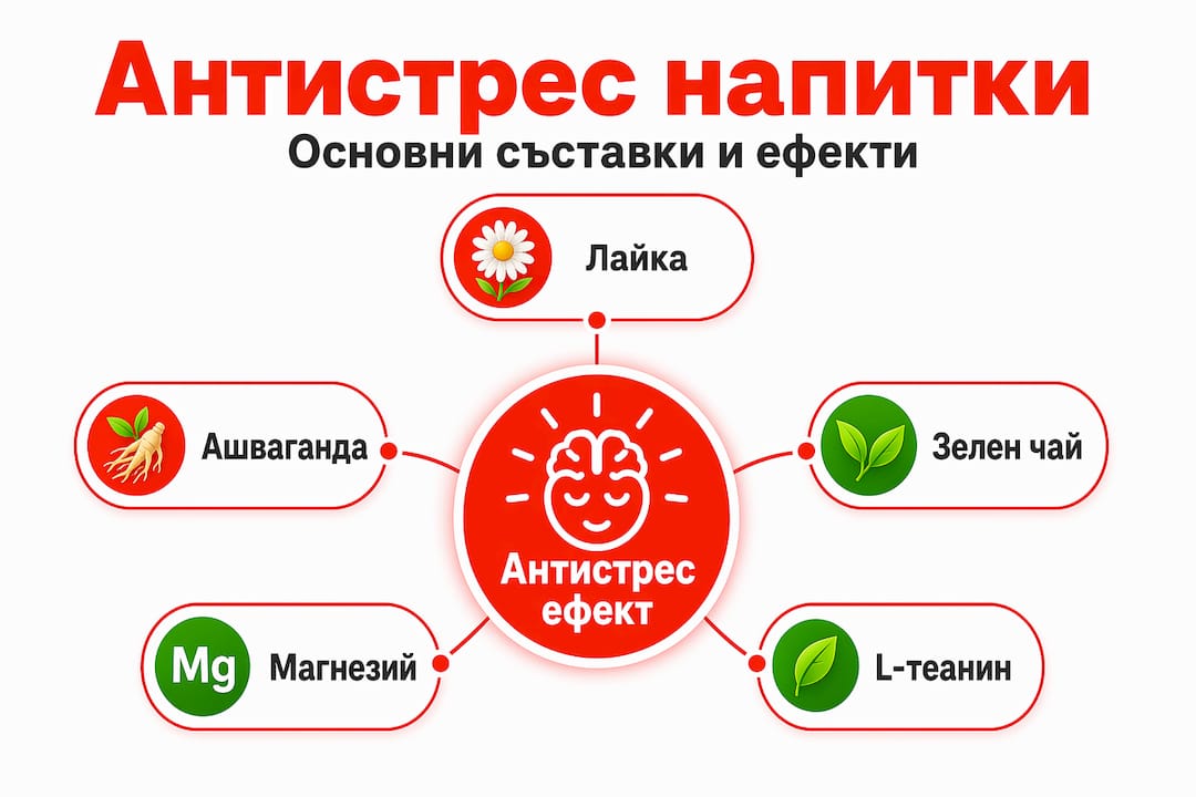Инфографиката представя по ясен и разбираем начин кои съставки има антистрес напитката и какъв е редът на тяхното въздействие върху организма.