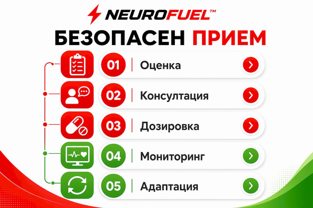 Инфографика с основни стъпки за безопасен прием на хранителни добавки