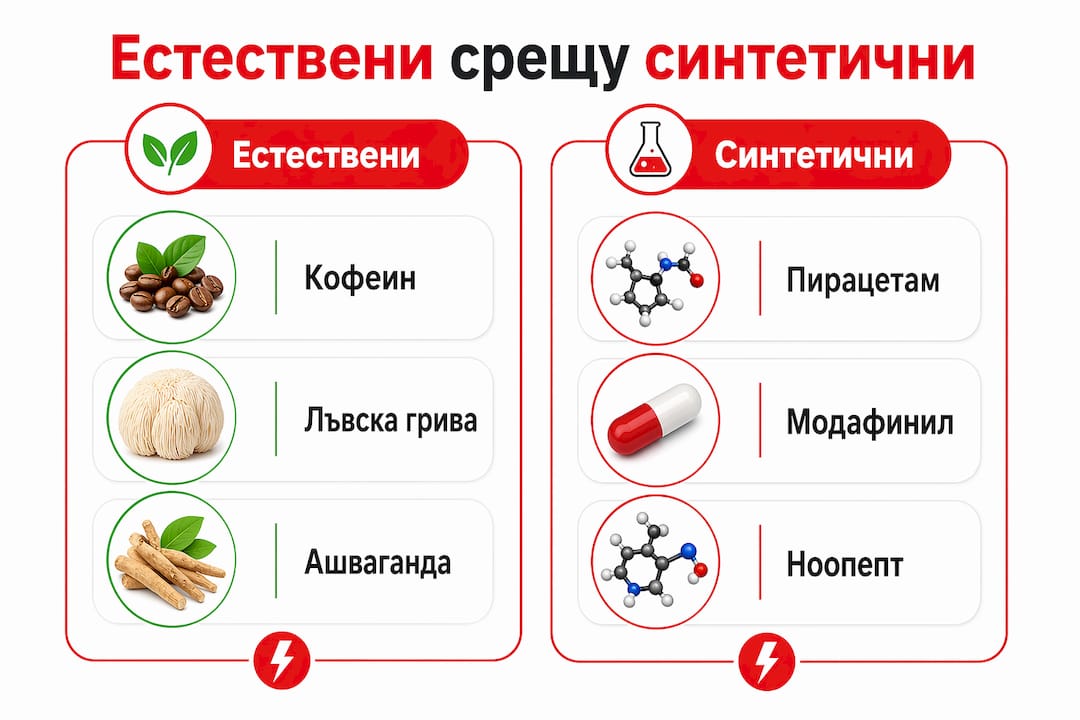 Вижте инфографика, която представя разликите между натуралните и синтетичните ноотропи, като разглежда техните основни съставки и ги класифицира по видове.