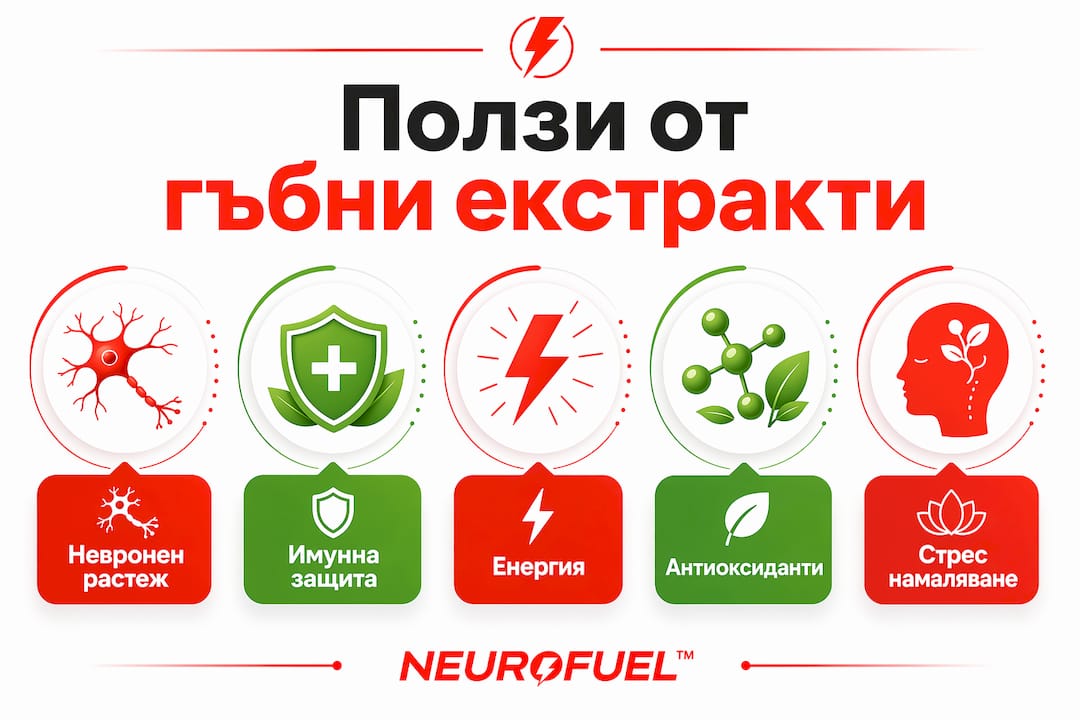 Инфографика, представяща основните ползи от гъбените екстракти, подредени в пирамидална схема