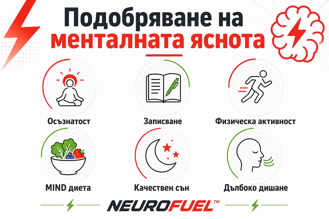 Инфографика с ключови стъпки за повишаване на умствената яснота