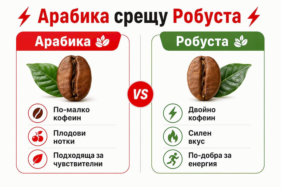 Инфографика, която показва основните разлики между кафетата Арабика и Робуста