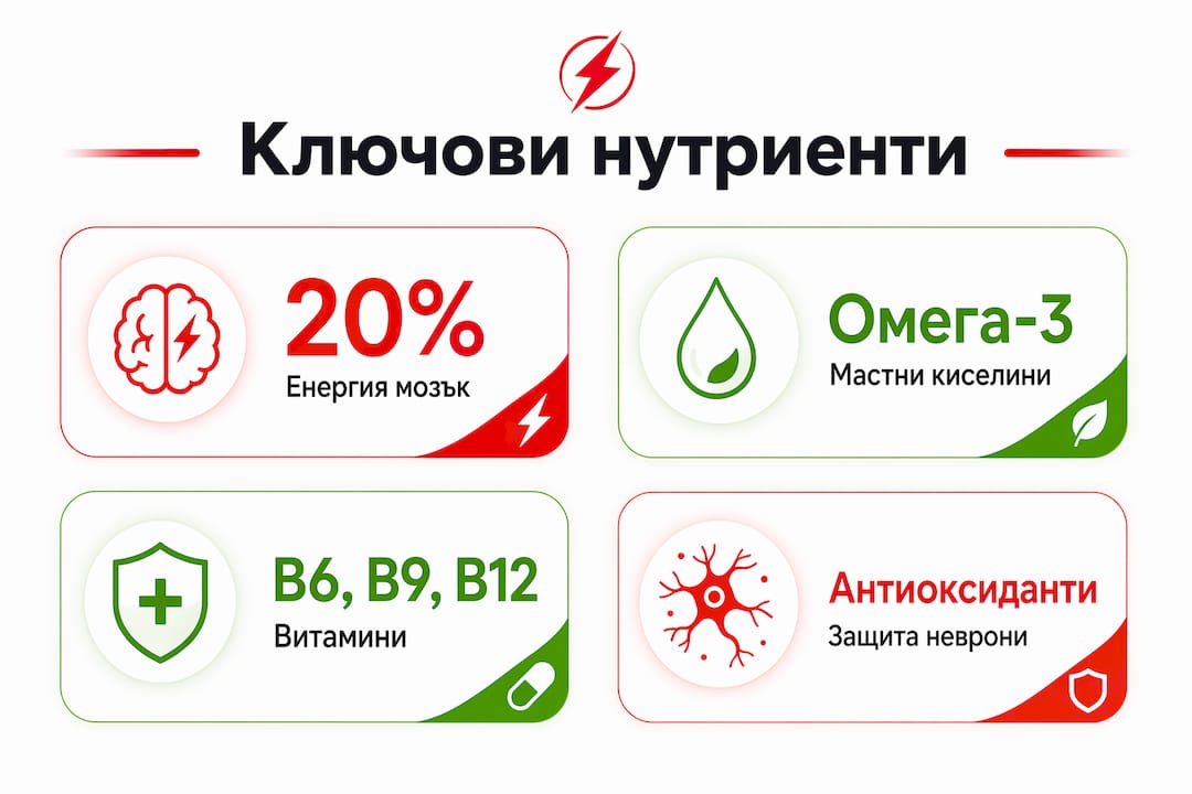 Инфографика с най-важните хранителни вещества за здрав мозък
