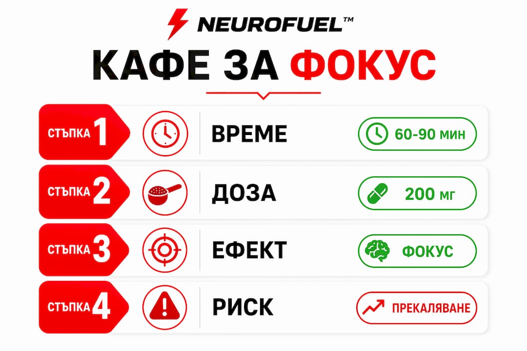 Вертикална инфографика с ключови стъпки за оптимално пиене на кафе за по-добра концентрация